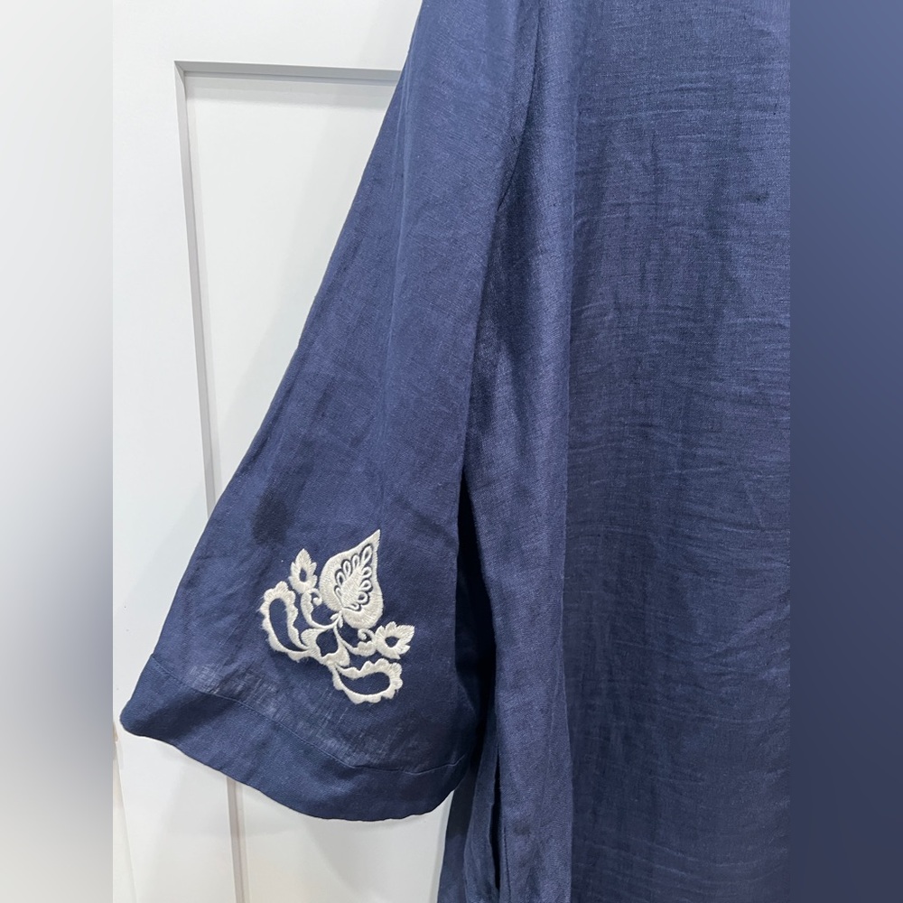 ULLA POPKEN DAMASK DETAIL SPLIT NECK SHORT SLEEVE DRESS, DARK MARINE, SIZE 20. - Picture 10 of 13